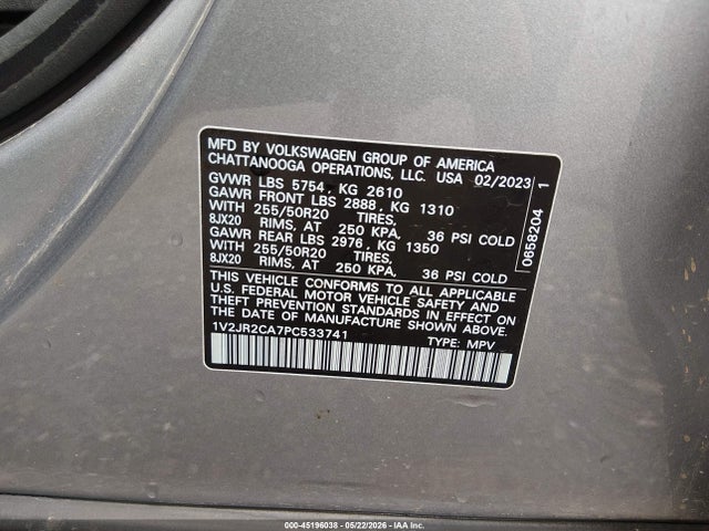 Продажа на аукционе авто 2023 Volkswagen Atlas 3.6l V6 Se W/technology, vin: 1V2JR2CA7PC533741, номер лота: 45196038