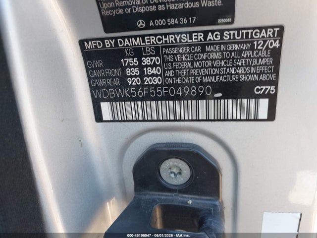 Aukcja sprzedaży 2005 Mercedes-benz Slk 350, vin: WDBWK56F55F049890, numer aukcji: 45196047