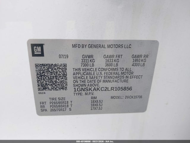 Продажа на аукционе авто 2020 Chevrolet Tahoe 4wd Ls, vin: 1GNSKAKC2LR105856, номер лота: 45196056