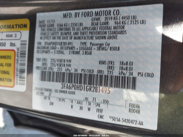 Ford FUSION SE 2016 3FA6P0HD1GR281495 Image 4