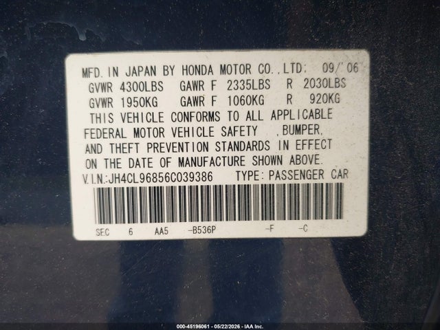 45196061 :رقم المزاد ، JH4CL96856C039386 vin ، 2006 Acura Tsx مزاد بيع