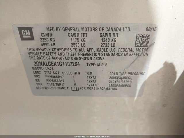 45196074 :رقم المزاد ، 2GNALCEK1G1107264 vin ، 2016 Chevrolet Equinox Lt مزاد بيع