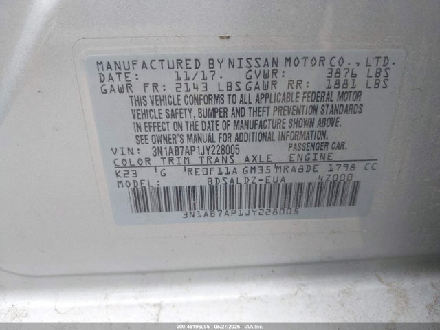 45196086 :رقم المزاد ، 3N1AB7AP1JY228005 vin ، 2018 Nissan Sentra Sv مزاد بيع