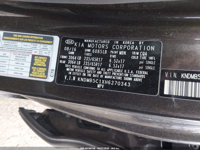 2017 Kia Sedona Lx მანქანა იყიდება აუქციონზე, vin: KNDMB5C1XH6270343, აუქციონის ნომერი: 45196106