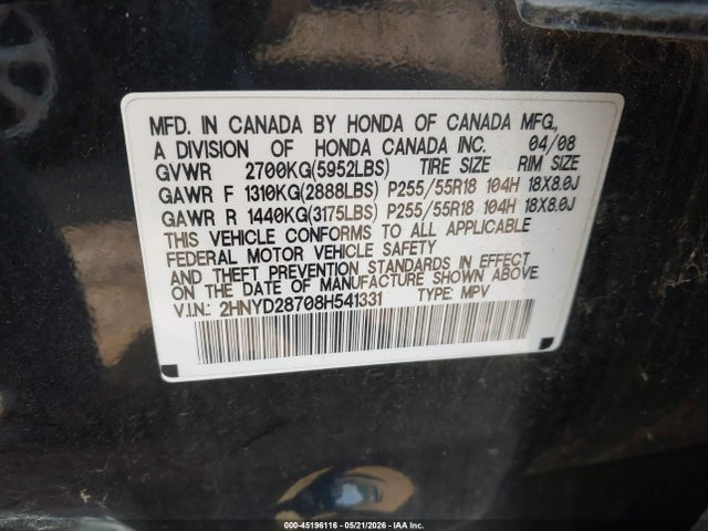 45196116 :رقم المزاد ، 2HNYD28708H541331 vin ، 2008 Acura Mdx Sport Package مزاد بيع