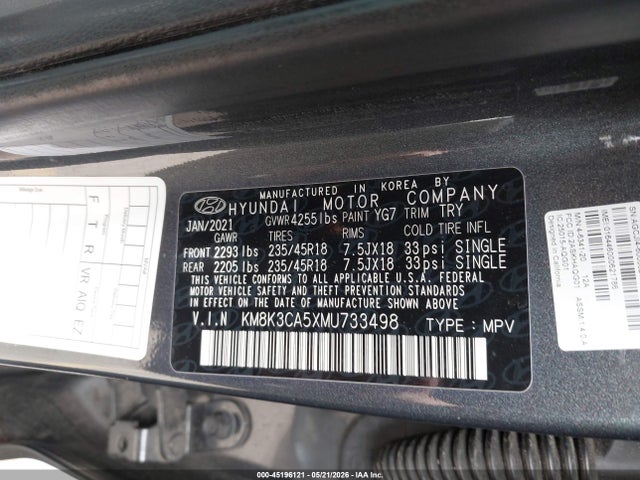 Auction sale of the 2021 Hyundai Kona Limited, vin: KM8K3CA5XMU733498, lot number: 45196121