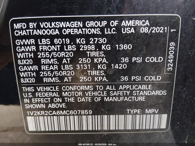 Aukcja sprzedaży 2021 Volkswagen Atlas 3.6l V6 Se W/technology, vin: 1V2KR2CA6MC607859, numer aukcji: 45196122