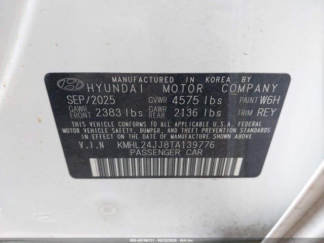 Aukcja sprzedaży 2026 Hyundai Sonata Hybrid Blue, vin: KMHL24JJ8TA139776, numer aukcji: 45196131
