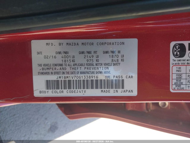 Aukcja sprzedaży 2016 Mazda Mazda3 I Touring, vin: JM1BM1V70G1338916, numer aukcji: 45196138