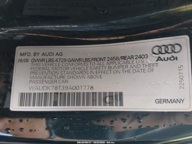 Aukcja sprzedaży 2009 Audi A5 3.2l, vin: WAUDK78T39A001778, numer aukcji: 45196137