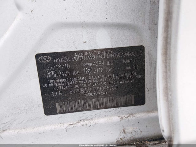 45196144 :رقم المزاد ، 5NPEB4AC0BH095780 vin ، 2011 Hyundai Sonata Gls مزاد بيع