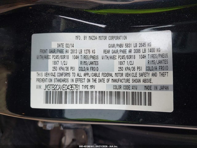 Продаж на аукціоні авто 2014 Mazda Cx-9 Touring, vin: JM3TB2CAXE0435761, номер лоту: 45196161