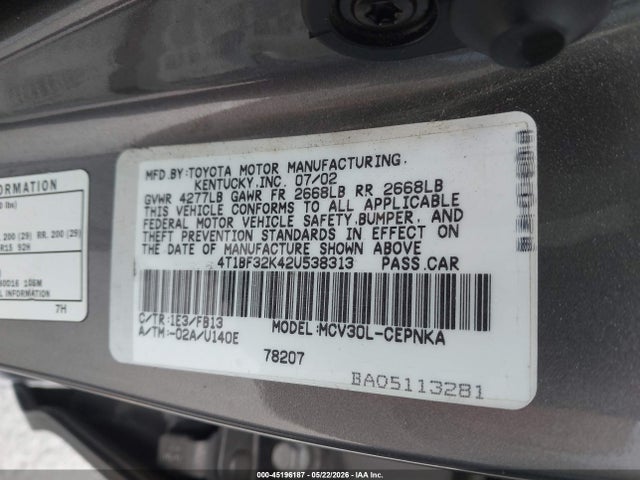 Aukcja sprzedaży 2002 Toyota Camry Le V6, vin: 4T1BF32K42U538313, numer aukcji: 45196187