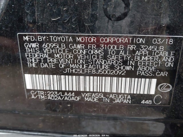 Aukcja sprzedaży 2018 Lexus Ls 500, vin: JTHC5LFF8J5002092, numer aukcji: 45196200