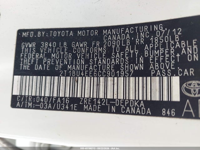 Продажа на аукционе авто 2012 Toyota Corolla L, vin: 2T1BU4EE6CC901957, номер лота: 45196213