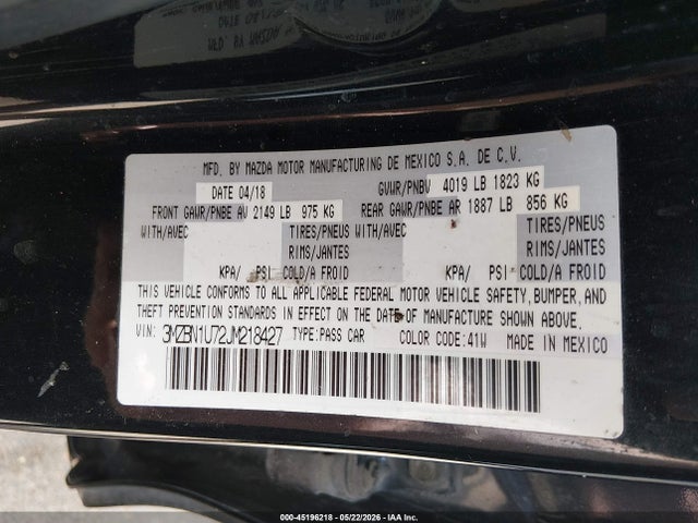 Aukcja sprzedaży 2018 Mazda Mazda3 Sport, vin: 3MZBN1U72JM218427, numer aukcji: 45196218