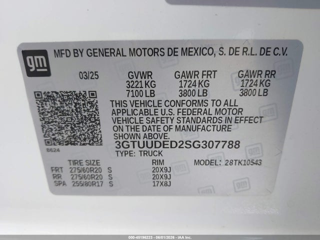 Aukcja sprzedaży 2025 Gmc Sierra 1500 4wd  Short Box Slt, vin: 3GTUUDED2SG307788, numer aukcji: 45196223