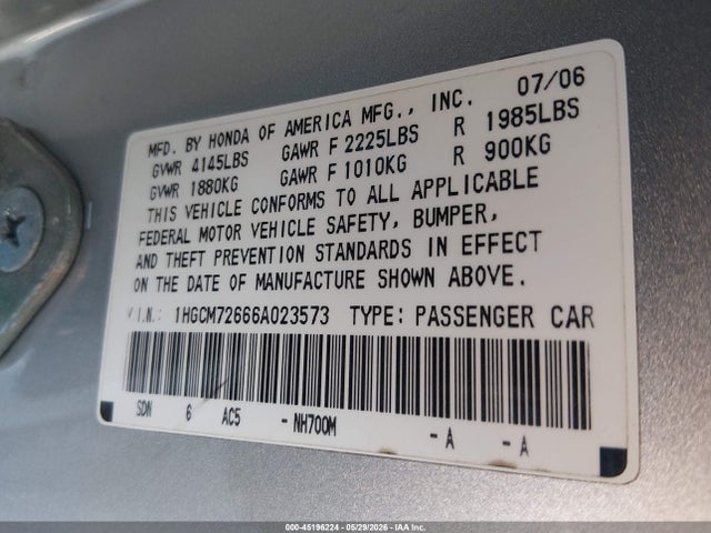 45196224 :رقم المزاد ، 1HGCM72666A023573 vin ، 2006 Honda Accord 2.4 Ex مزاد بيع