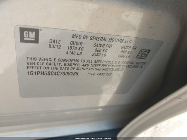 Aukcja sprzedaży 2012 Chevrolet Cruze Ltz, vin: 1G1PH5SC4C7308286, numer aukcji: 45196226