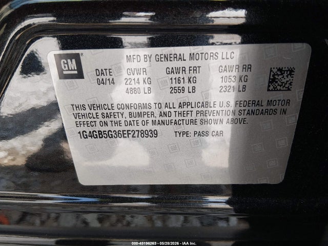 45196263 :رقم المزاد ، 1G4GB5G36EF278939 vin ، 2014 Buick Lacrosse Leather Group مزاد بيع