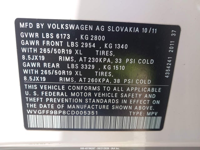 45196287 :رقم المزاد ، WVGFF9BP8CD005351 vin ، 2012 Volkswagen Touareg Vr6 Lux مزاد بيع