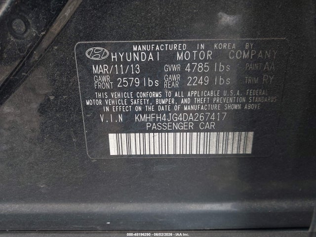 Aukcja sprzedaży 2013 Hyundai Azera, vin: KMHFH4JG4DA267417, numer aukcji: 45196290