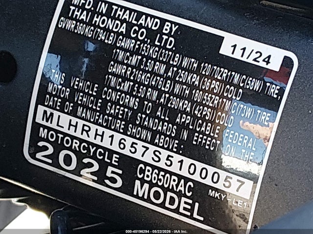 Продажа на аукционе авто 2025 Honda Cb650 R, vin: MLHRH1657S5100057, номер лота: 45196294