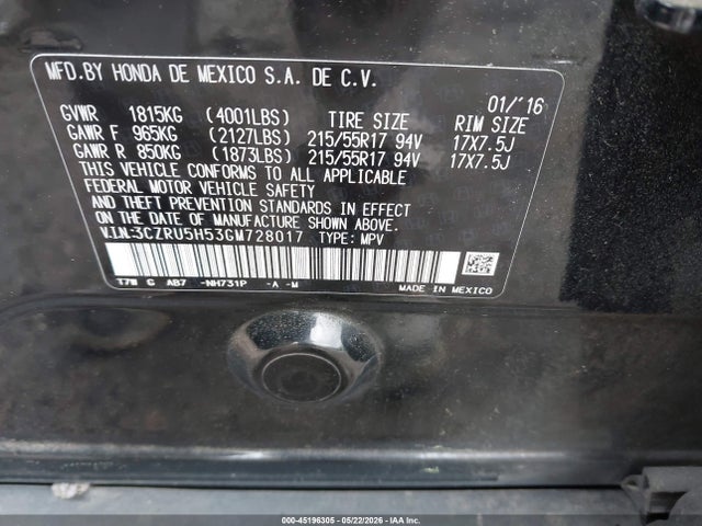 Aukcja sprzedaży 2016 Honda Hr-v Ex, vin: 3CZRU5H53GM728017, numer aukcji: 45196305