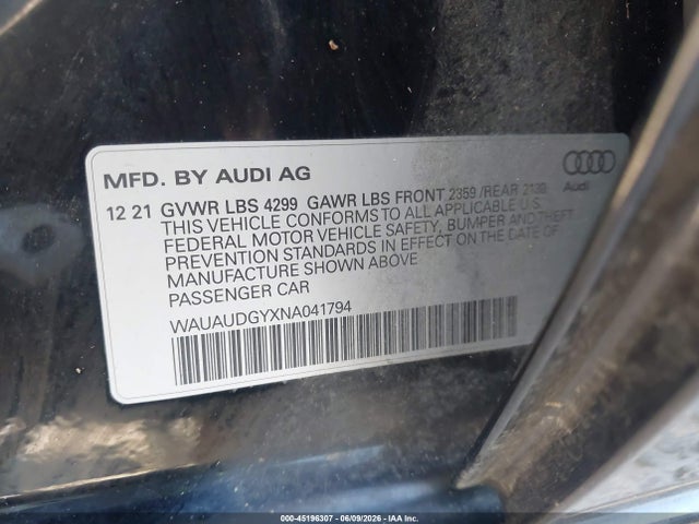 Aukcja sprzedaży 2022 Audi A3 Premium 40 Tfsi Front-wheel Drive S Tronic, vin: WAUAUDGYXNA041794, numer aukcji: 45196307
