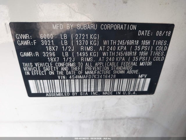 2019 Subaru Ascent Premium მანქანა იყიდება აუქციონზე, vin: 4S4WMAFD7K3416428, აუქციონის ნომერი: 45196310