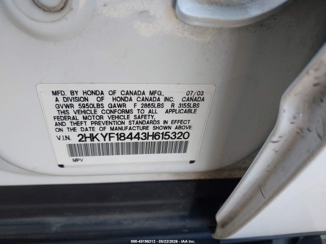 Продаж на аукціоні авто 2003 Honda Pilot Ex, vin: 2HKYF18443H615320, номер лоту: 45196312