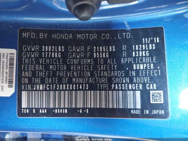 Honda CIVIC EX 2019 JHMFC1F30KX001473 Image 9