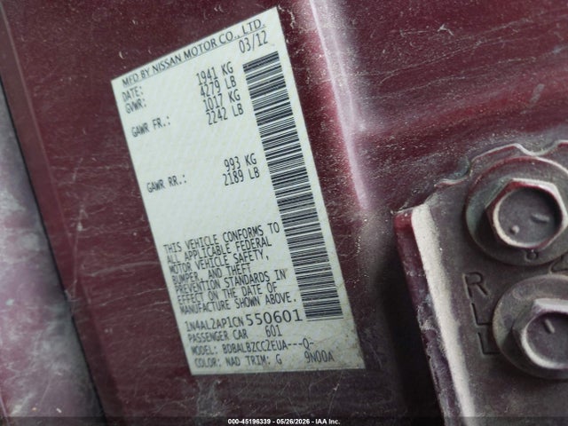 2012 Nissan Altima 2.5 S მანქანა იყიდება აუქციონზე, vin: 1N4AL2AP1CN550601, აუქციონის ნომერი: 45196339