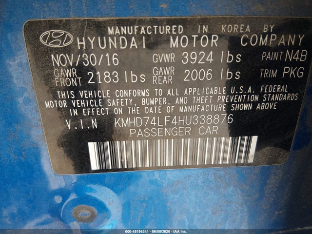 45196341 :رقم المزاد ، KMHD74LF4HU338876 vin ، 2017 Hyundai Elantra Se مزاد بيع