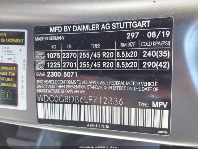 Aukcja sprzedaży 2020 Mercedes-benz Glc 300, vin: WDC0G8DB6LF712336, numer aukcji: 45196344