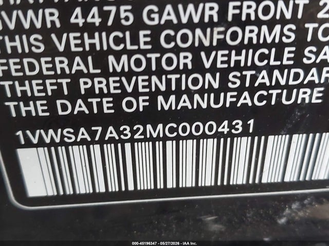 2021 Volkswagen Passat 2.0t Se მანქანა იყიდება აუქციონზე, vin: 1VWSA7A32MC000431, აუქციონის ნომერი: 45196347
