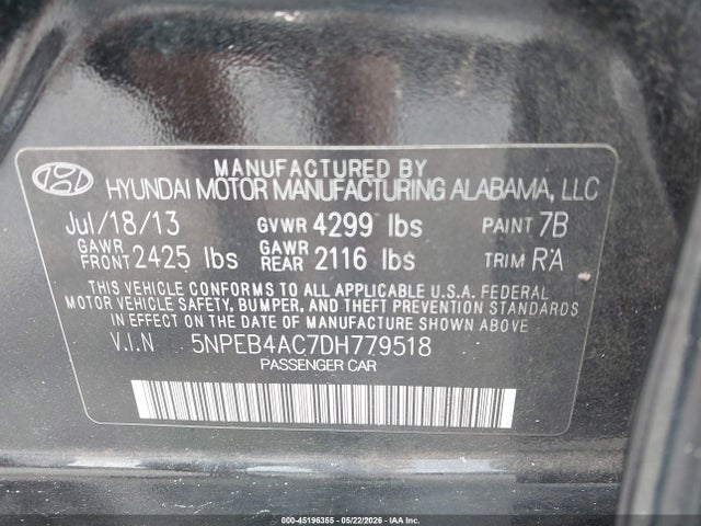 Продаж на аукціоні авто 2013 Hyundai Sonata Gls, vin: 5NPEB4AC7DH779518, номер лоту: 45196355