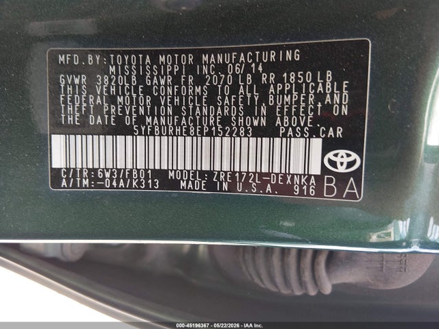 45196367 :رقم المزاد ، 5YFBURHE8EP152283 vin ، 2014 Toyota Corolla Le مزاد بيع