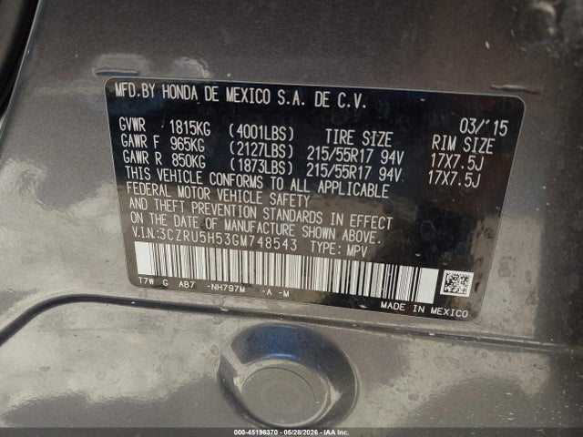 Honda HR-V EX 2016 3CZRU5H53GM748543 Image 9