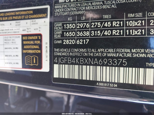 Aukcja sprzedaży 2022 Mercedes-benz Gle 350 4matic, vin: 4JGFB4KBXNA693375, numer aukcji: 45196374