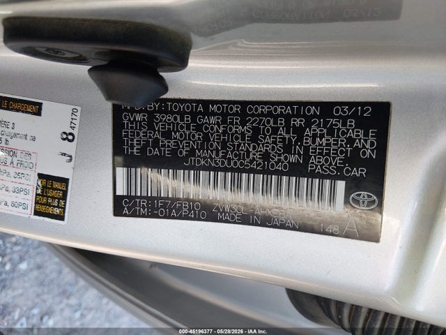 45196377 :رقم المزاد ، JTDKN3DU0C5421040 vin ، 2012 Toyota Prius Two مزاد بيع