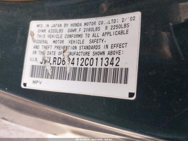 Продажа на аукционе авто 2002 Honda Cr-v Lx, vin: JHLRD68412C011342, номер лота: 45196378