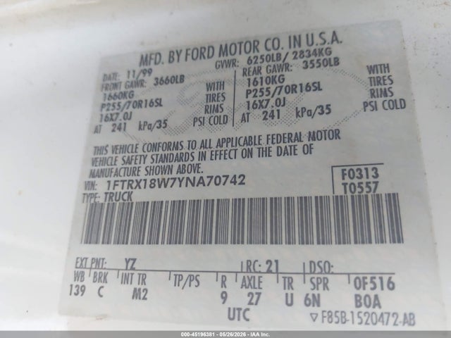 Продаж на аукціоні авто 2000 Ford F-150 Lariat/work Series/xl/xlt, vin: 1FTRX18W7YNA70742, номер лоту: 45196381