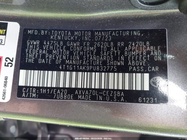 2023 Toyota Camry Se მანქანა იყიდება აუქციონზე, vin: 4T1G11AK9PU832775, აუქციონის ნომერი: 45196384