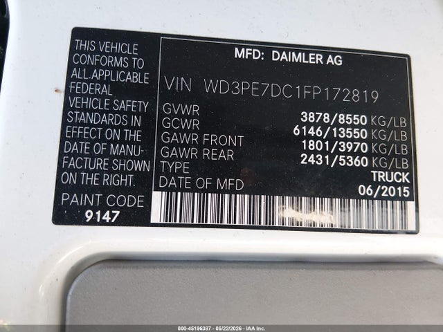 Aukcja sprzedaży 2015 Mercedes-benz Sprinter 2500 Normal Roof, vin: WD3PE7DC1FP172819, numer aukcji: 45196387
