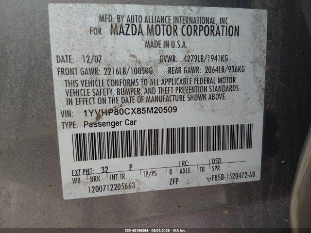 2008 Mazda Mazda6 I Sport Ve მანქანა იყიდება აუქციონზე, vin: 1YVHP80CX85M20509, აუქციონის ნომერი: 45196394