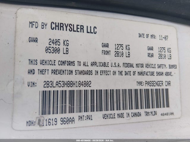 45196400 :رقم المزاد ، 2B3LA53H88H184802 vin ، 2008 Dodge Charger R/t مزاد بيع