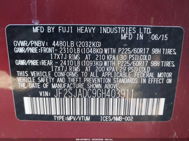 Aukcja sprzedaży 2016 Subaru Forester 2.5i Premium, vin: JF2SJADC9GH403911, numer aukcji: 45196412