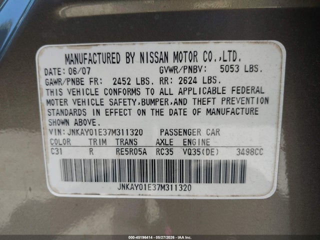 Aukcja sprzedaży 2007 Infiniti M35 Sport, vin: JNKAY01E37M311320, numer aukcji: 45196414