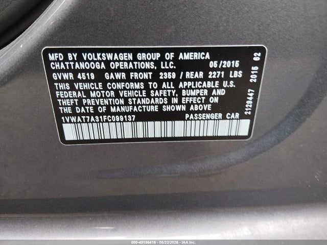 Продаж на аукціоні авто 2015 Volkswagen Passat 1.8t Limited Edition, vin: 1VWAT7A31FC099137, номер лоту: 45196416